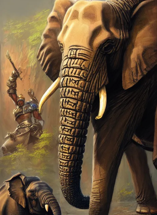 Image similar to portrait of two armored war - elephants, asian elephant, fight scene, closeup portrait, historical, ethnic decoration, elegant, loin cloth, highly detailed, oil painting, artstation, concept art, matte, sharp focus, illustration, hearthstone, art by earl norem