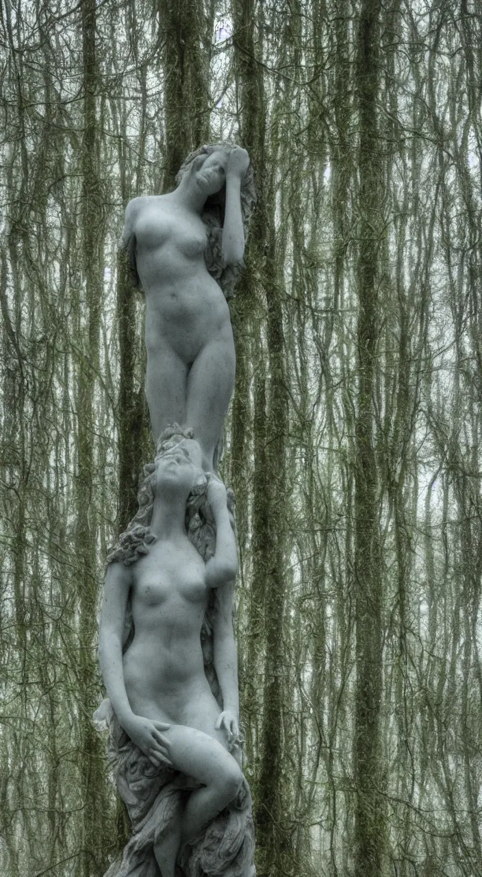 Prompt: marble statue of anya taylor joy, moss, portrait, landscape, forest, foggy, raindrops