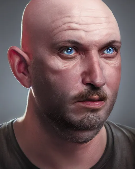 Prompt: portrait of a 4 0 - year - old bald man, with a white complexion, wide, cat - like scarlet eyes, without nose, and a thin mouth, hyper realistic face, beautiful eyes, character art, art by mark brooks, hyperdetailed, cryengine, trending on artstation, digital art