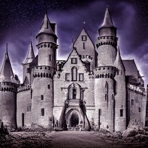Image similar to castle made of ash, cinematic, realistic, dark, night, glow, goth,