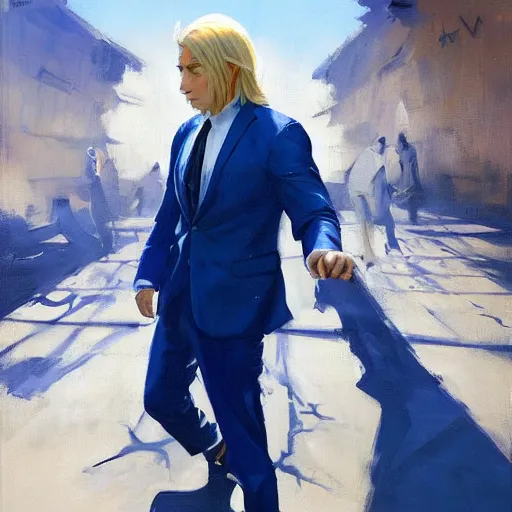 Image similar to greg manchess portrait of a blond man in a blue suit lying on the ground bleeding in an arena, profile picture, organic painting, sunny day, matte painting, bold shapes, hard edges, street art, trending on artstation, by huang guangjian, gil elvgren, ruan jia, randy vargas, greg rutkowski