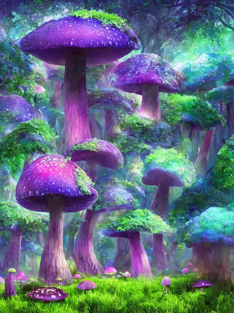 Image similar to a beautiful otherworldly fantasy landscape of giant mushroom trees forming canopies over bright colorful mythical floral plants, like alice in wonderland, rendering, cryengine, deep glowing color, blue and purple and green colors, vray render, cinema 4 d, cgsociety, bioluminescent