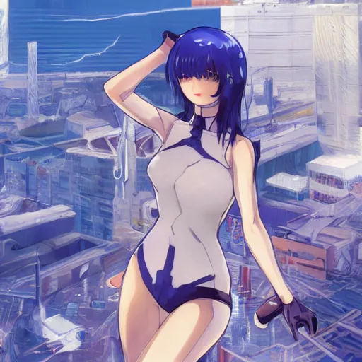 Image similar to anime art, anime fullbody shot of female rei ayanami, long blue hair and large eyes, finely detailed perfect face, in a modern skintight plugsuit, laying on a rooftop, flooded metropolis in ruins, red sea, trending on pixiv fanbox, evangelion, extremely high quality artwork by ilya kuvshinov