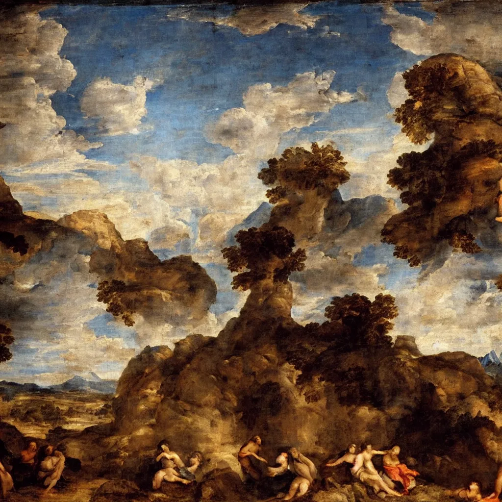 Prompt: a Titian painting of a scene inside of a on old church with a sky and mountains with clouds in the background