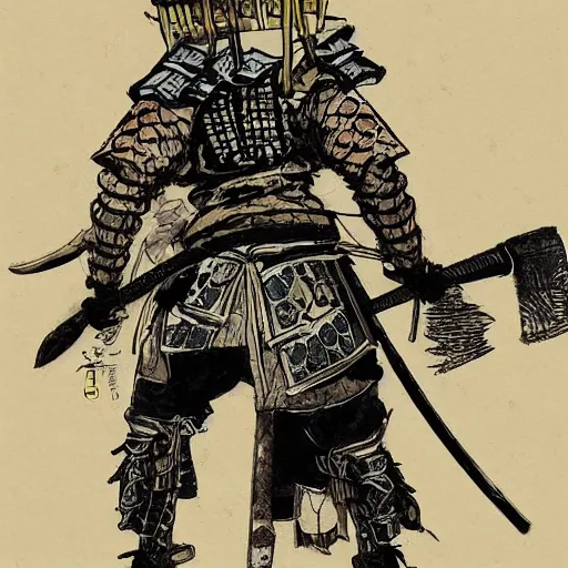 Image similar to a samurai holding an epic blade over his head by kim jung gi, back shot