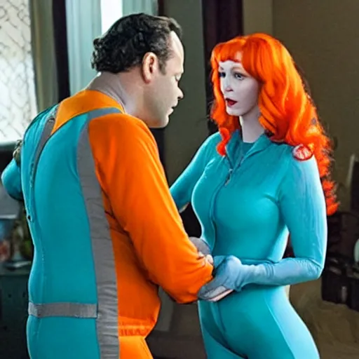 Image similar to vince vaughn as jack fenton, he is wearing orange coveralls bodysuit, and christina hendricks as maddie fenton, she is wearing a tight teal bodysuit, movie photo, spooky netflix still shot