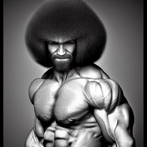 Image similar to hyperdetalied portrait of muscular Bob Ross, black and white, photography studio, 8k, trending on artstation,