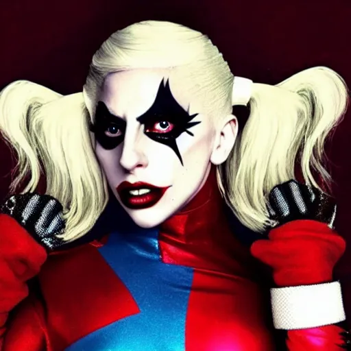 Image similar to lady gaga as harley quinn, full shot, wide shot,