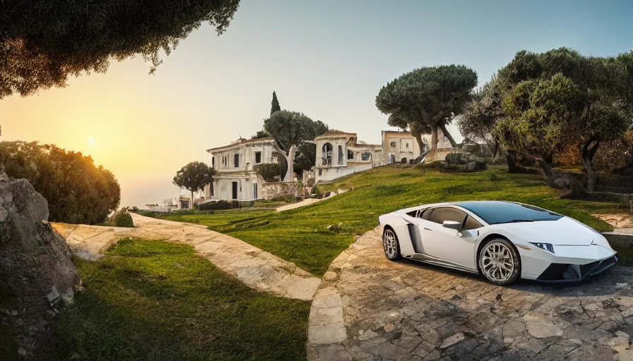 Prompt: sicilian white villa built on the edge of a hill, lamborghini, sunrise, sea, trees, wide view, hyperdetailed, artstation, cgsociety, 8 k