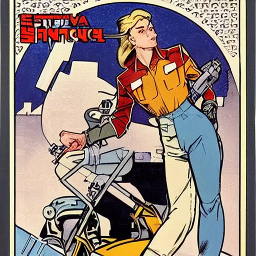 Image similar to a stoic heroic butch tomboy dirty injured blonde emotionless woman engineer, with very short slicked - back hair. she is dressed as a spaceship mechanic. well composed, clean elegant painting, beautiful detailed face. comic book art by steve ditko and jack kirby and ( alphonse mucha )