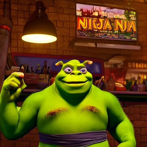 Image similar to shrek and the ninja turtles hanging out at Cheers bar, style of norman rockwell, 4k, unreal engine, artstation