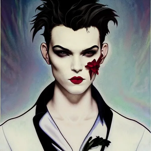 Image similar to stunning portrait of androgynous ruby rose as desire from sandman in a white tuxedo!!!, rockabilly style, by frank moth, by alphonse mucha, by jeremy mann, by peter lindbergh, dave mckean, white suit and black tie, soft lightning, high detailed, 8 k