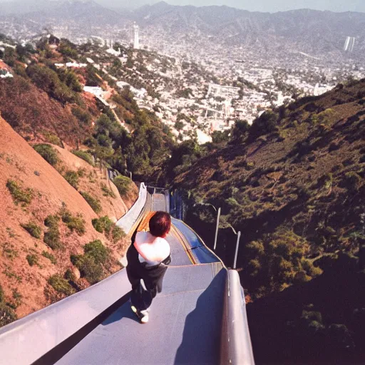 Prompt: photo monkey climbing hollywood sign, cinestill, 800t, 35mm, full-HD