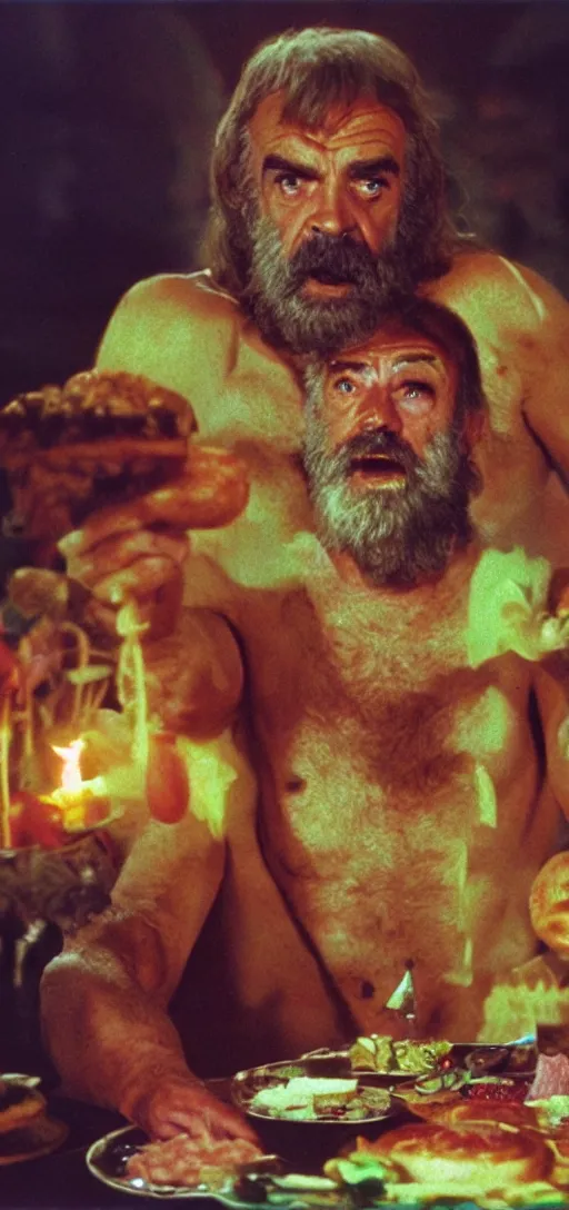 Image similar to a 3 5 mm color closeup macro picture of sean connery as zardoz accessing third eye second level during his 9 6 6 th birthday party along with female friends. everything is of the second level including plates of green bread and hams on the isle of kun lao. volumetric lighting with picoso hotdogs. atmospheric. national geographic.
