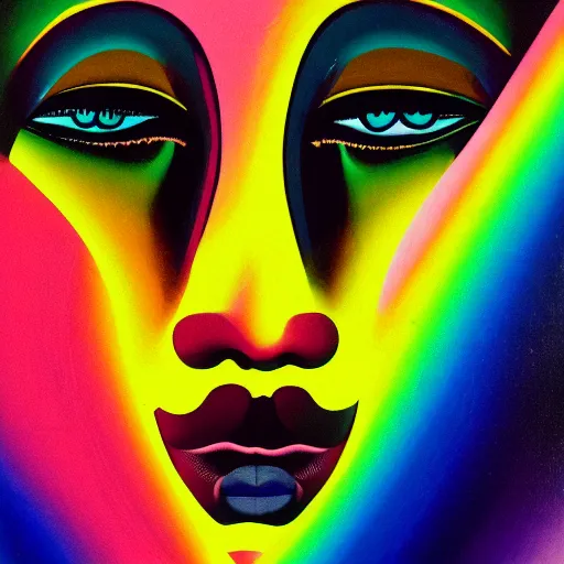 Image similar to closeup portrait of a black woman with yellow eyes and a rainbow background, gouache painting by tomokazu matsuyama, by ed paschke, by agnes pelton, by patrick nagel, behance contest winner, generative art, irridescent, holography, neon, dark art, retrowave, grain, androgynous, black background