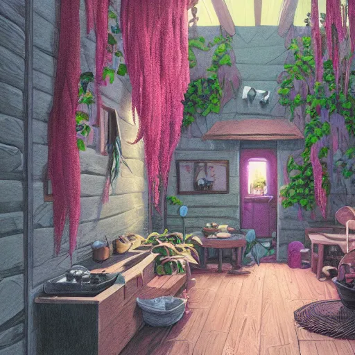 Prompt: concept art painting of a interior of a cozy alien fantasy cottage, with black vines and magenta houseplants, realistic, detailed, cel shaded, dark, in the style of makoto shinkai and greg rutkowski and james gurney