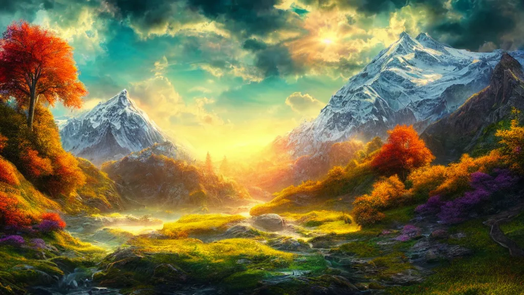 Prompt: a photorealistic portrait, stunningly beautiful colorful fantasy landscape, professionally retouched, soft lighting, hyper realistic, mountains, trees, beautifully detailed sky, wide angle, sharp focus, 8 k high definition, 6 4 megapixels, insanely detailed, stunningly beautiful