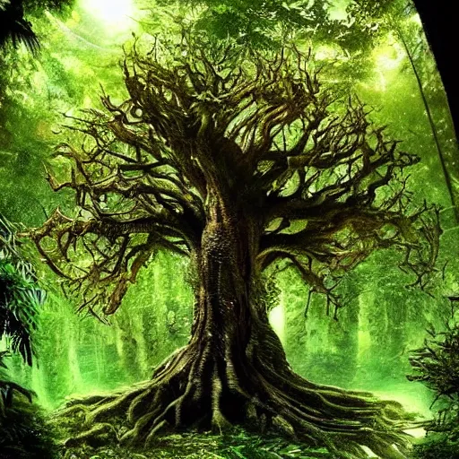 Image similar to horrific, spectacular tree in a densely overgrown jungle, fantasy, dreamlike sunraise, ultra realistic, atmospheric, stopped in time, epic