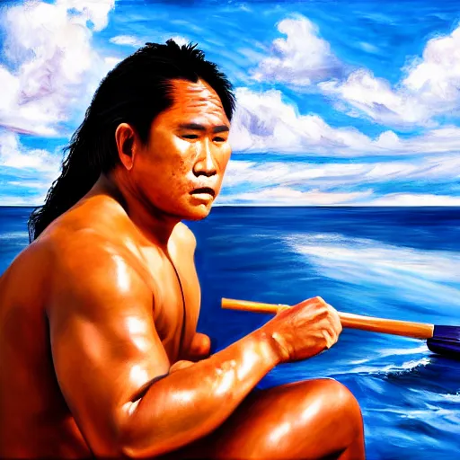 Prompt: a pacific islander warrior on a boat painting, 4 k, hyper realistic, dslr, high resolution, landscape, beautiful