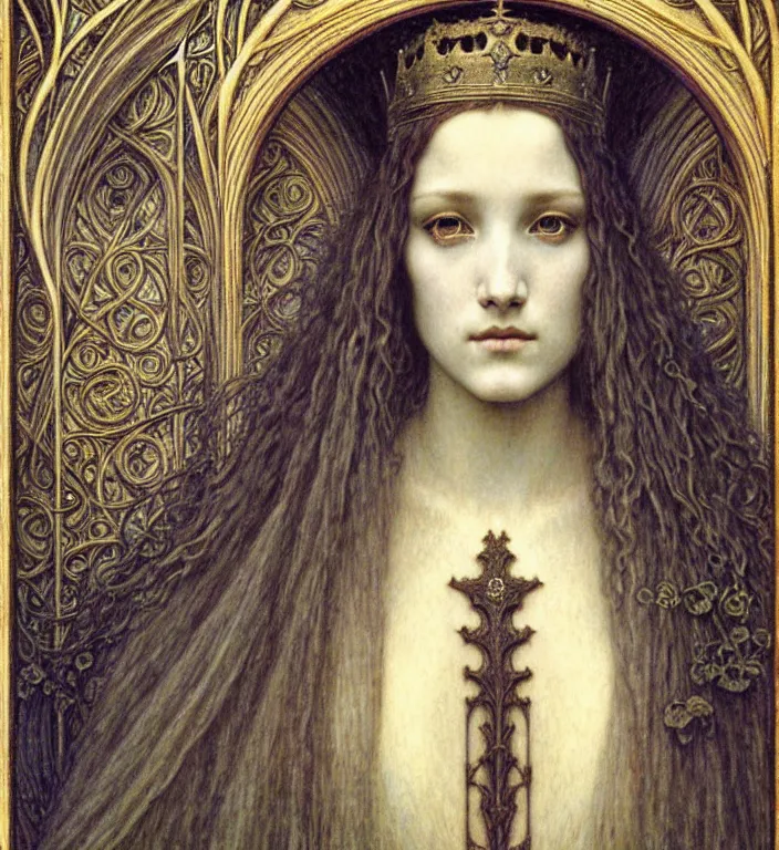 Image similar to detailed realistic beautiful young medieval queen face portrait by jean delville, gustave dore and marco mazzoni, art nouveau, symbolist, visionary, gothic, pre - raphaelite. horizontal symmetry