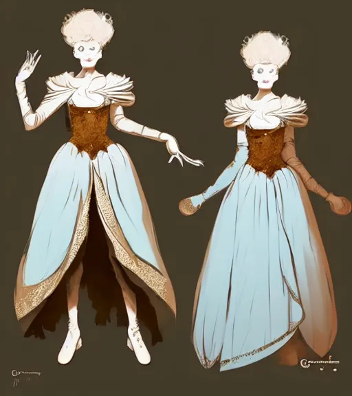 Image similar to portrait of a baroque dress design inspired by pumpkin from fantasy world for queen by atey ghailan, by greg rutkowski, by greg tocchini, by james gilleard, by joe fenton, by kaethe butcher, dynamic lighting, gradient light blue, brown, blonde cream and white color scheme, grunge aesthetic