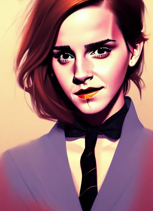 Image similar to a ultradetailed beautiful panting of emma watson wearing a stylish shirt with a tie, she has black hair, dancing, beautiful face, background explosion, by jesper ejsing, ilya kuvshinov, greg rutkowski on artstation