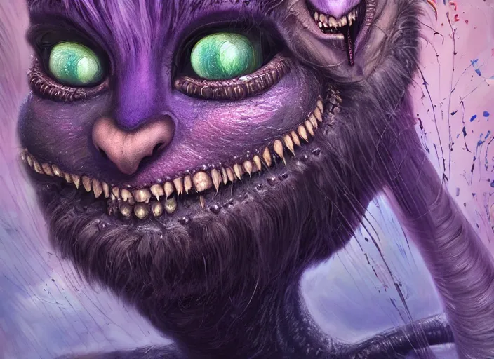 Image similar to dream portrait of Cheshire Cat from Alice in Wonderland,full character, melting ,8k,by tristan eaton,Stanley Artgermm,Tom Bagshaw,Greg Rutkowski,Carne Griffiths, Ayami Kojima, Beksinski, Giger,trending on DeviantArt,face enhance,hyper detailed,minimalist,cybernetic, android, blade runner,full of colour