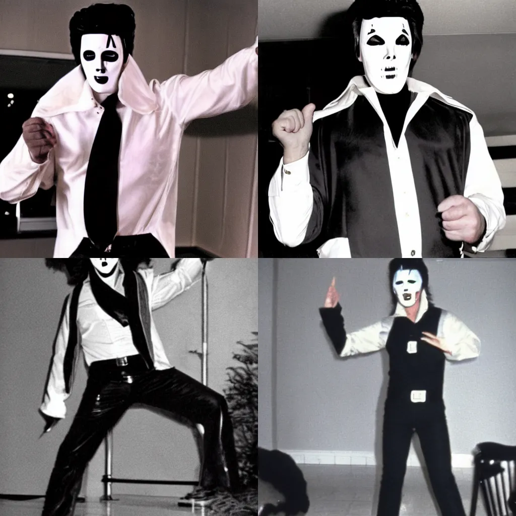 Prompt: michael myers dressed up like elvis while dancing like the bee gees, 1 9 7 0 s