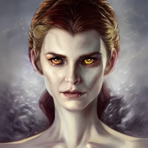Prompt: a detailed matte head - on portrait painting of an middle - aged tiefling noblewoman with golden eyes and short well kept hair, by charlie bowater, lise deharme, wlop, tending on arstation, dungeons and dragon, dnd, pathfinder, fanart, oil on canvas