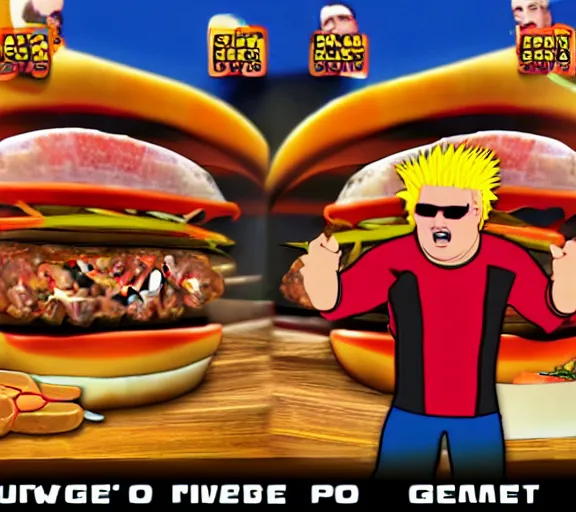 Prompt: screencap of guy fieri ps 2 burger eating minigame, ign screenshot, poor graphics, game ui, hq image