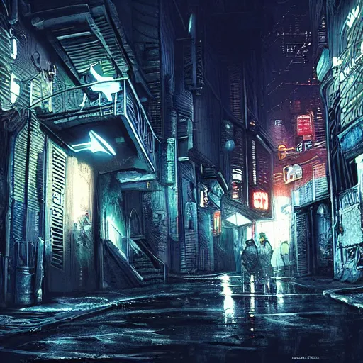 Image similar to epic digital matte paining of a dark alleyway in a cyberpunk city at nighttime by jama jurabaev and denis villeneuve, extremely detailed, artstation