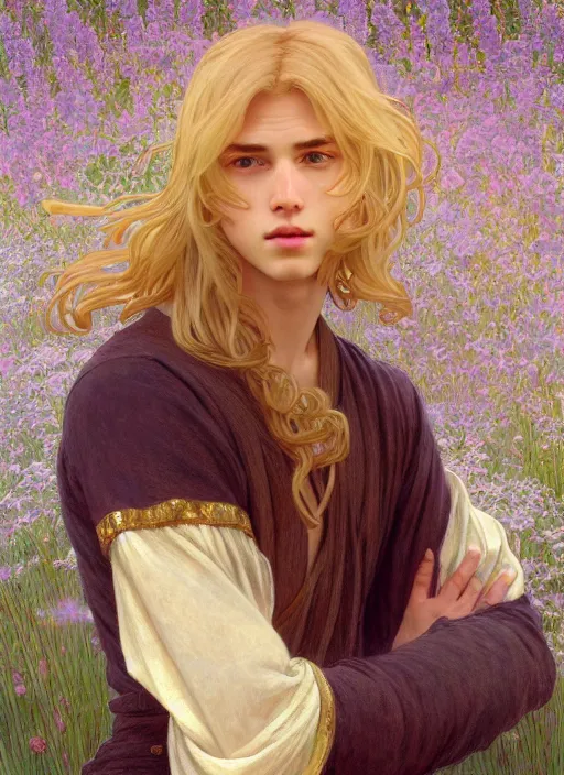 Prompt: pretty young man with shoulder length shiny shimmering golden blond hair, half body shot, decorative flowery background, path traced, highly detailed, high quality, digital painting, by studio ghibli and alphonse mucha, leesha hannigan, hidari, disney, jules bastien - lepage