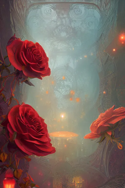 Prompt: Red Rose Garden, Art Nouveau Cosmic 4k Detailed Matte Illustration featured on Getty Images ,CGSociety, Jade and Carrot orange color scheme, Pastiche by Marc Simonetti, Pastiche by Cedric Peyravernay