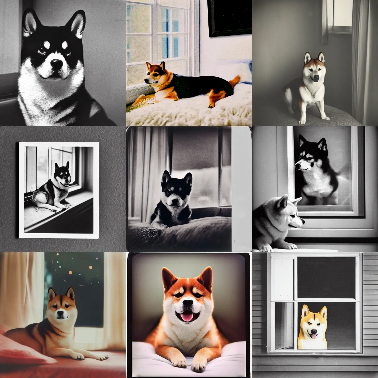 Prompt: photography polaroid of shiba inu watching outside the window. on a bed. in a 70's room full of vinyls and posters, photorealistic, award winning photo, 100mm, sharp, high res