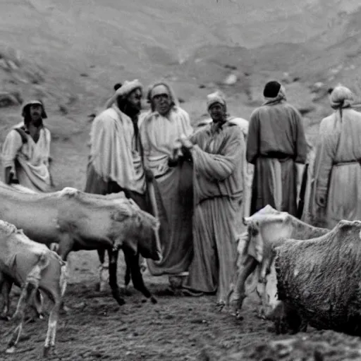 Prompt: cinematic still of farmer in ancient canaanite clothing working with oxen in the field, directed by steven spielberg