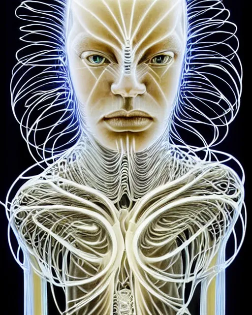 Image similar to Ethereal Enigma Being of light angelic humanoid cyberpunk cyborg with wire carved out of ivory by alex grey