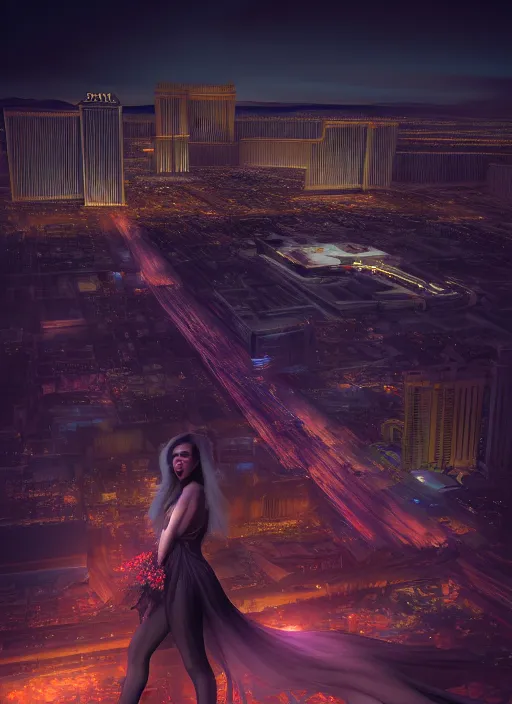 Image similar to realistic matte painting, full length portrait, duchess of blood, night shot of las vegas in background, highly detailed, CGsociety, subtle, concept art, HDR, hyper realistic, volumetric lighting, subsurface scattering, unreal