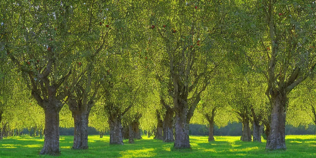 Prompt: mystical impressionistic art of a supernatural grove of incredibly tall apple trees with branches laden with red apples, trunks stretch and twine upwards forming a vast colonnades that extend out in thin rows far into the distance, rolling hillocks of lush green grass, translucent leaves forming unbroken thick canopy set alight with a fragile late-afternoon sunlight that refracts off the apples brushed pink and red with exposure, a slight mist wafts through the trunks, arthurian legend ynys afallach avalon isle of apples, by by frank lloyd wright and greg rutkowski and ruan jia, trending on Artstation deviantart