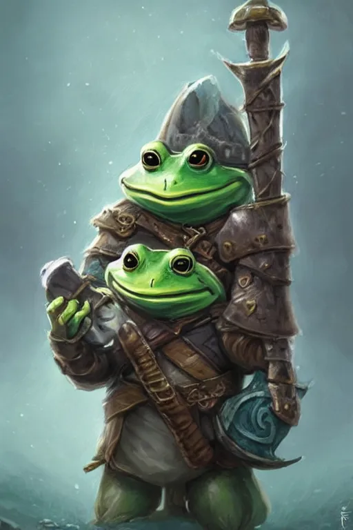 Image similar to cute anthropomorphic frog knight wearing a cape and a Viking helmet and holding lantern, tiny, small, miniature frog, baby animal, short, pale blue armor, cute and adorable, pretty, beautiful, DnD character art portrait, matte fantasy painting, DeviantArt Artstation, by Jason Felix by Steve Argyle by Tyler Jacobson by Peter Mohrbacher, cinematic lighting