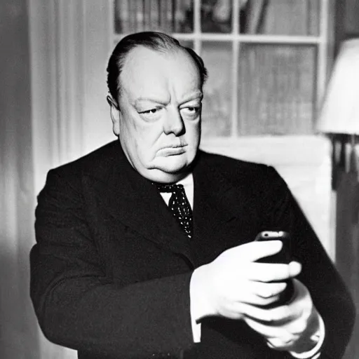 Prompt: A black and white photograph, circa 1940s, of Winston Churchill looking down at his smartphone