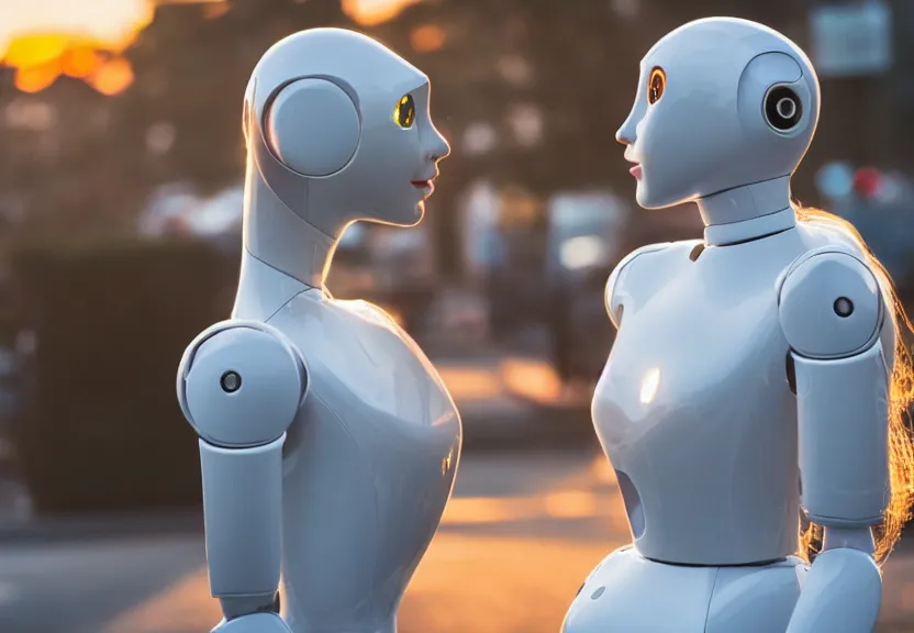 Image similar to a calming photograph of a slender, humanoid robot caresses a beautiful human woman in the face, large shot, wide shot, in a street, sunset photo