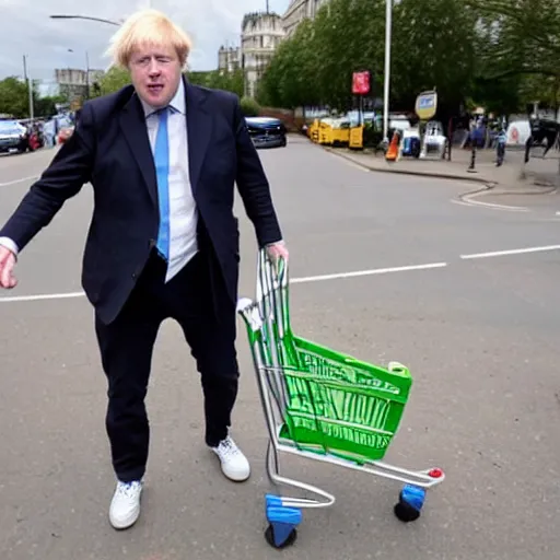 Prompt: Wide Angle Photo of Boris Johnson doing Jackass shopping cart stunt