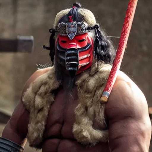 Image similar to big buff very strong very buff samurai wearing an oni mask, movie still