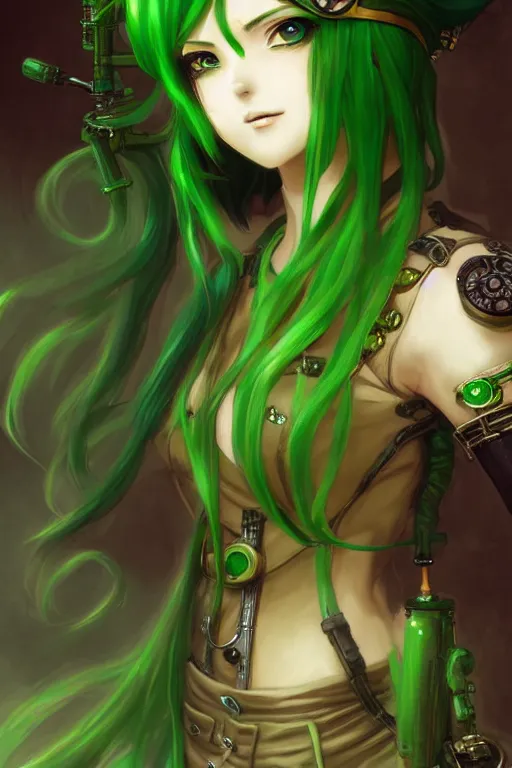 Image similar to beautiful green hair anime woman, modern, steampunk, fantasy, eerie, intricate details, pixiv, digital painting, artstation, concept art, 8 k, art by artgerm and alohonse mucha and eiichiro oda