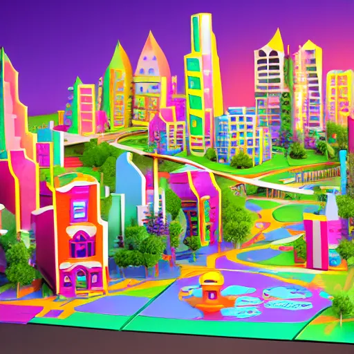 Image similar to A story book with pop up cities on its pages. 3D Render, colorful, magical.