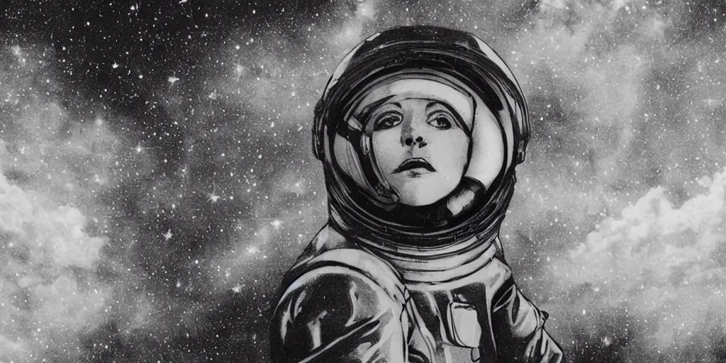 Image similar to etching portrait of a woman wearing a space helmet, scifi, big clouds visible in the background, stars in the sky, high contrast, deep black tones, depth of field, smudges