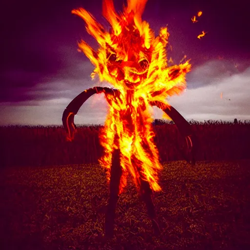 Image similar to “burning glowing scarecrow on fire engulfed in flames in a cornfield at darkest midnight, glowing embers raining down from the sky. Flash photograph.”