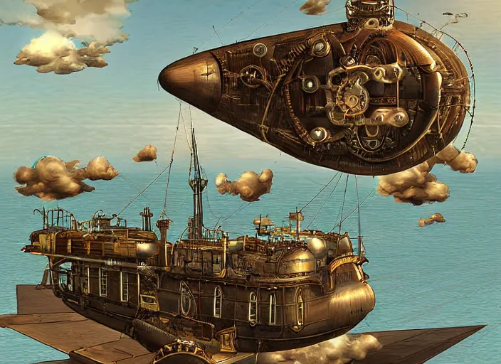 Prompt: crossing the Atlantic on an airship, steampunk digital art