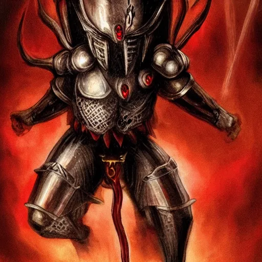 Image similar to An elf with an ashen complexion, large red eyes without irises. Body decorated with insectoid armour. Priest of a long, long forgotten god.