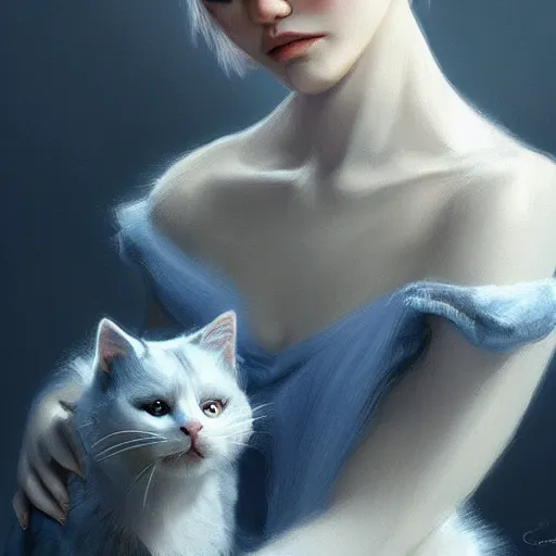 Image similar to A beautiful woman with blue short bob hair with bangs holding a grey and white cat, full body by Cedric Peyravernay, highly detailed, excellent composition, dramatic lighting, trending on ArtStation